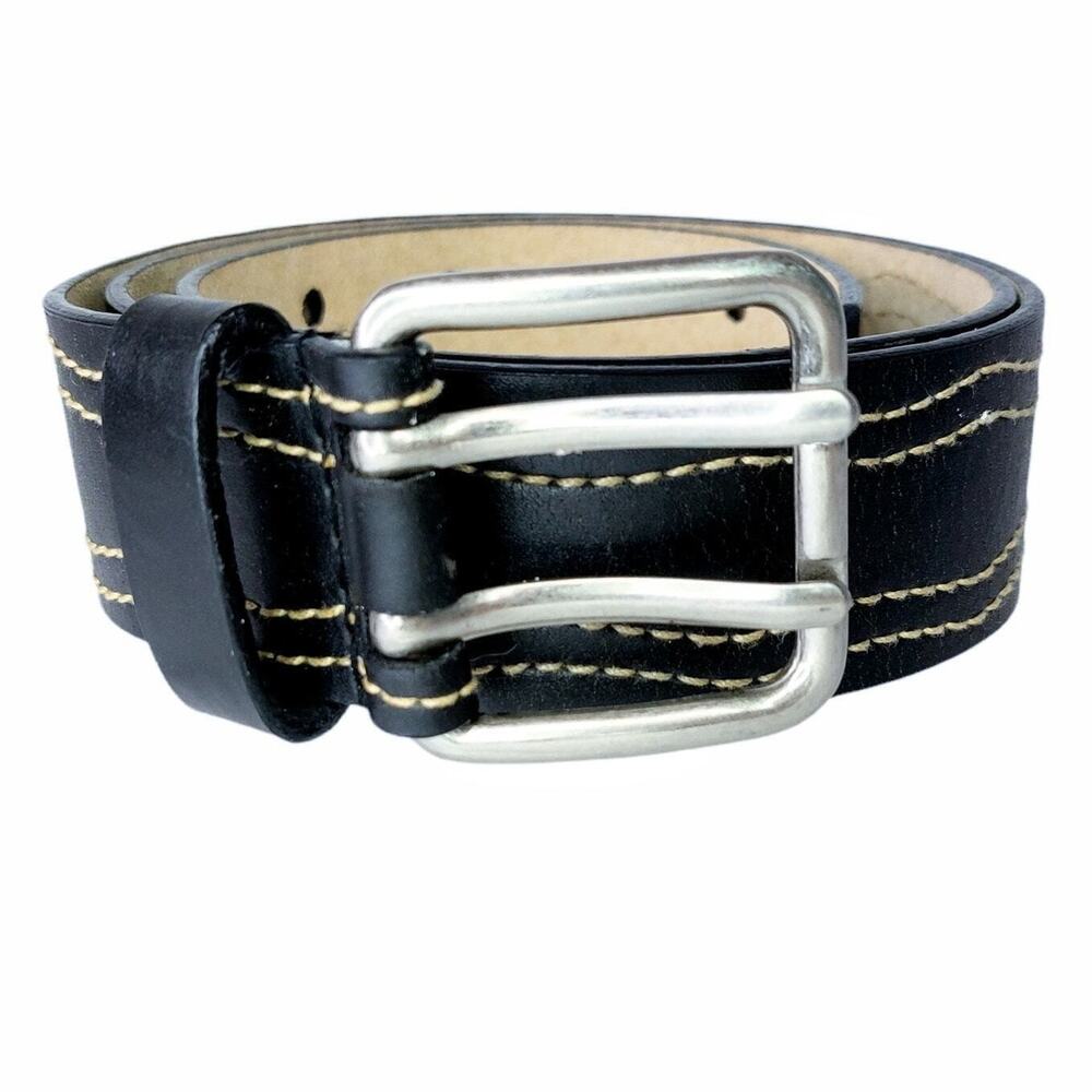 Columbia Men Black Leather Belt Size S Small Double Prong Buckle Wave Stitching